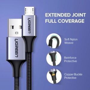 Ugreen Micro USB Cable 3A Nylon Fast Charging USB Type C Cable for Samsung Xiaomi HTC USB Charger Data Cable Mobile Phone Cable کابل میکرو usb خاکستری 1 متری - Image 4