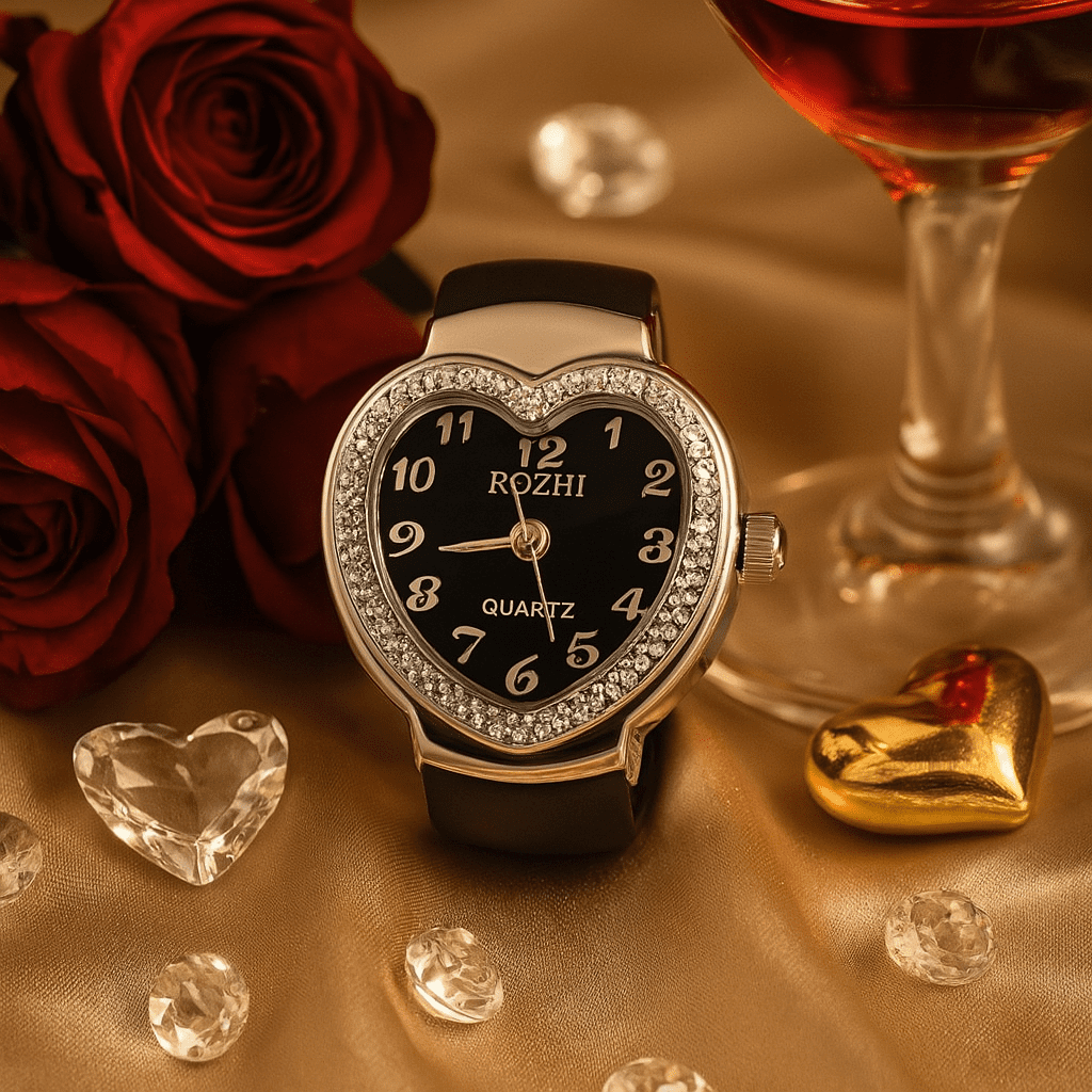 ساعت انگشتری نقره ای طرح قلب صفحه مشکی کد RW-126